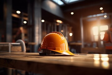 Safety Construction helmet on Table, Hard Cap, Construction Site Blur Background. - obrazy, fototapety, plakaty