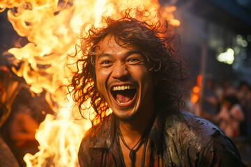 Captivating jubilant fire breather showcasing a spectacular plume of flames with wide smile.