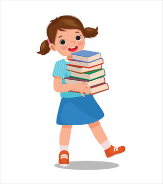 Cute little girl carrying pile of books