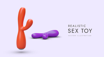 Double vibrator with thickened head. Adult toys, sex shop assortment. Stimulation of G spot, clitoris, labia, nipples and anus. Color poster with realistic illustration