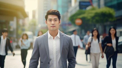 Asian Businessman Walking in Modern City, Handsome Man Walks on a Crowded Pedestrian Street, Asian Manager Surrounded by Blur People on Busy Street.