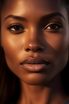 Eye level portrait of a black woman with beautiful eyes and striking beauty.