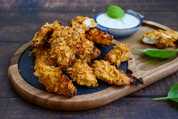 
 Crispy  deep fried   chicken strips and wedges potato. Breaded  with cornflakes chicken  breast fillets  with chilly peppers and fresh   basil on wooden rustic background