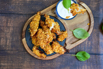 
 Crispy  deep fried   chicken strips and wedges potato. Breaded  with cornflakes chicken  breast fillets  with chilly peppers and fresh   basil on wooden rustic background