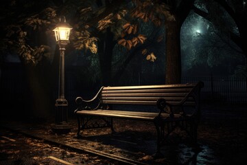 Fototapeta na wymiar a glowing lantern hanging from a park bench, with a path leading into the darkness