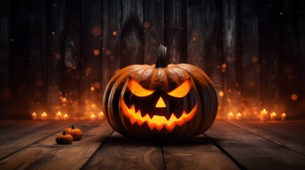 Scary Halloween pumpkin with glowing eyes on wooden planks at night