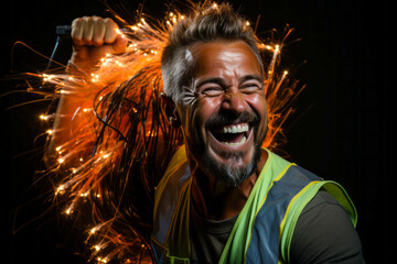 Triumphant engineer with hard hat and safety vest, holding fiber optic cable in studio background. - obrazy, fototapety, plakaty
