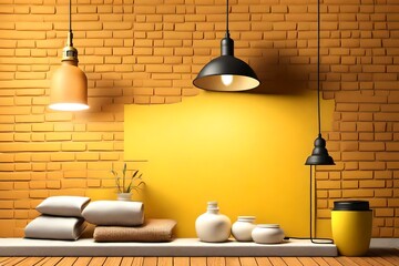 Lamp and beautifull home room decorate  on brick yellow  wall background.