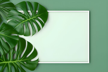 Natural Green Monstera Leaf With White Frame on Pastel Green Background, Nature Background.