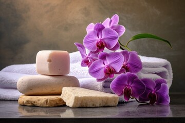orchid flower and soap set on a stone countertop under soft lighting