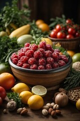 Naklejka na ściany i meble A bowl of fresh and colorful raspberries among a vibrant assortment of fruits and vegetables