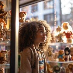 A fictional girl with brown curly hair looking into a toy store window.