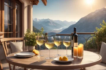 Tuinposter Table on a terrace with glasses of wine, fruits, sunshine, summer vibes vacation, mountains in the background. Served table on a luxury villa with mountain view © useful pictures