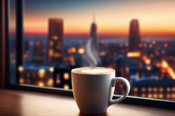 Hot coffee cup on windowsill with blurry night city in the background. Coffee cup on sunset sky urban background. View from the window to evening city. - obrazy, fototapety, plakaty