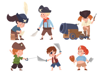 Vector isolated set of pirate kids with weapons and gun, hats with skull and closed eye, great cartoon kids dressed in pirate costumes