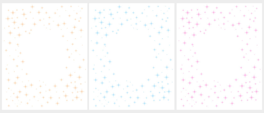 Set of 3 Starry Vector Layouts with Beige, Pastel Pink and Light Blue Stars on a White Background. Irregular Frame Made of Stars. Lovely Border with Copy Space. No text. RGB Colors. 