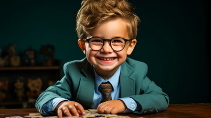 Captivating young boy in glasses grinning with satisfaction as he solves complex puzzle against plain background.