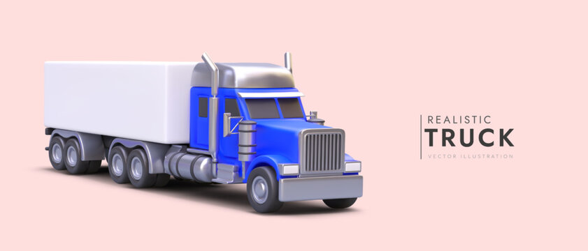 Poster with 3d realistic truck and place for text. Logistic and delivery service concept. Colorful vector illustration in cartoon style with pink background