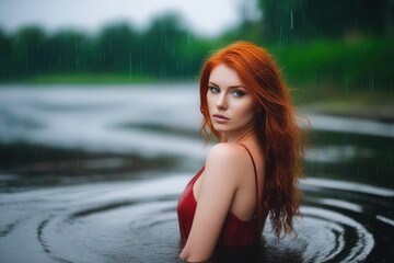 Fototapeta premium Portrait of beautiful sexy redhead green eyes wet woman like a mermaid in the water on the rain. Generative AI
