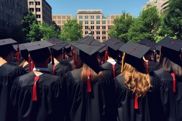back view of a group of students in graduation gowns and caps, backside graduation hats during commencement success, AI Generated - obrazy, fototapety, plakaty