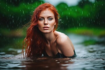 Fototapeta premium Portrait of beautiful sexy redhead green eyes wet woman like a mermaid in the water on the rain. Generative AI