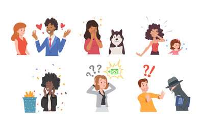 Set of positive and negative surprised people flat style, vector illustration