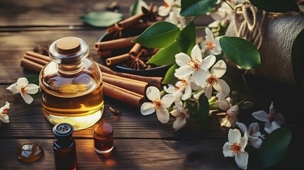 Top view of essential oils with jasmine, cinnamon and vanilla on rustic wooden table, retro style. Spa and wellness aromatherapy treatment. Asian massage and skin care background design. - obrazy, fototapety, plakaty