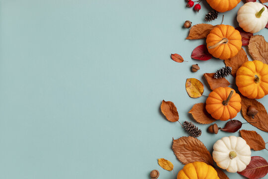 Autumn Thanksgiving holiday background from pumpkins, colorful dried leaves and fall decorations top view..