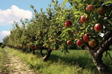 row of apple trees with fallen fruit
