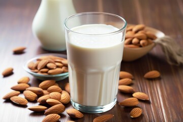 glass of almond milk with scattered almonds in the foreground