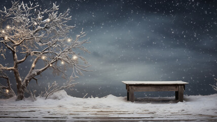 Winter Table - Snowy Plank With Snowfall In The Cold Sky. Generative Ai