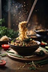 A delicious bowl of noodles being lifted with chopsticks - obrazy, fototapety, plakaty