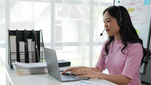 Business online call center operator for help, service support, assistance team, learning, and training with headset microphone ready for service.