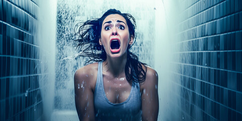 Stunning shocked woman experiencing terror in cold bathroom shower alone. - obrazy, fototapety, plakaty