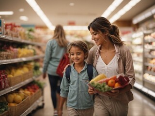 mother and son shopping in supermarket