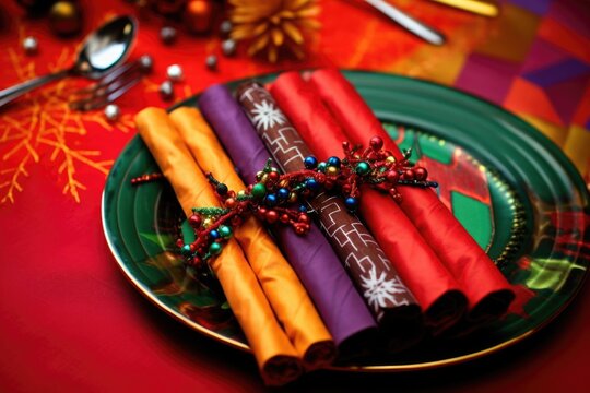 Colorful Christmas Crackers On A Vibrant Red Placemat