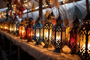 Fototapeta na wymiar decorative lanterns lighting up a festive market stall