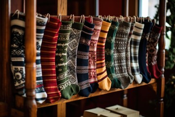 Fototapeta na wymiar collection of patterned woolen christmas socks on display