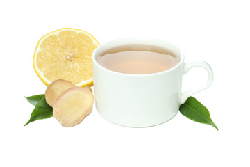 PNG, Cup of tea, ginger and lemon slices, isolated on white background