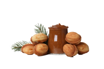PNG, Cookies nuts and jar with condensed milk, isolated on white background