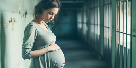 Touching portrait of pregnant woman in prison, emphasizing maternity and motherhood behind bars.