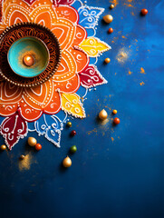 Happy Diwali background with beautiful Diya and colorful rangoli top view - ai generative