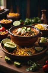 A delicious spread of chili and corn on a rustic wooden table
