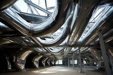 metallic ducts suspend from the roof in a structure. Generative AI - obrazy, fototapety, plakaty