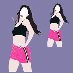 Vector illustration of female singer singing wearing cropped top and pink shorts and stylish hands on waist. Korean K-POP GIRL idol singer. Abstract flat color cartoon design. sexy woman. isolated