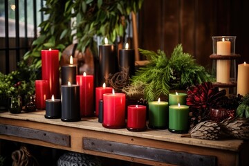 red, black, and green candle display in rustic setting
