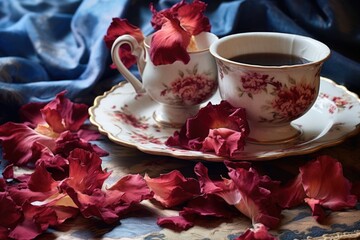 dry hibiscus petals strewn on a table with a vintage teacup and saucer