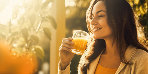 Sunny woman sipping orange juice in a morning garden. - obrazy, fototapety, plakaty