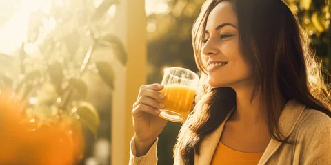 Poster Im Rahmen Sunny woman sipping orange juice in a morning garden. © XaMaps