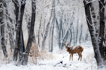 deer grazing in a snow-covered forest